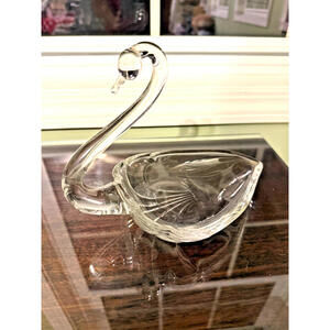 Vintage Duncan & Miller Blown Clear Glass Swan Dish - Candy Nut Bowl - 6.5"T